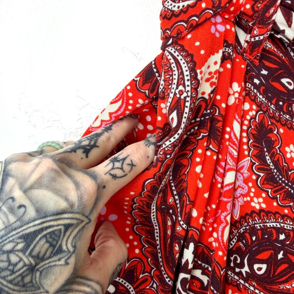Free People Double Trouble Tiger Lily Combo Red Paisley Boho Tie Wide Leg Pants - Picture 4 of 9
